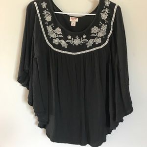Black Peasant Top with White Floral Embroidery