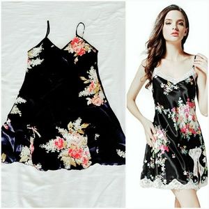 Black satin floral nightgown