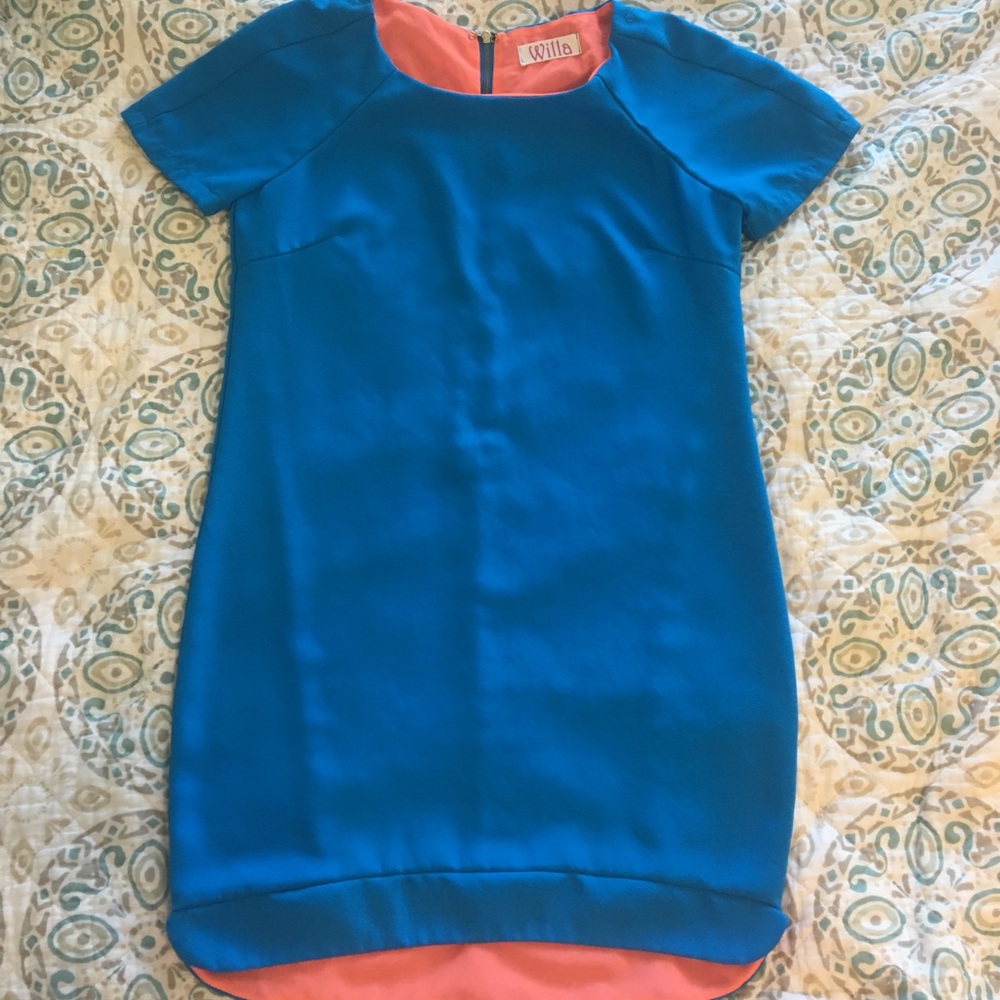 Vibrant blue dress, coral lining