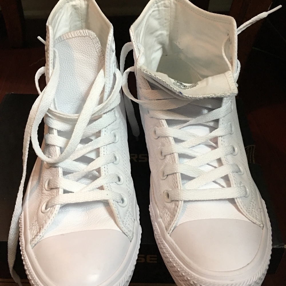 Women white leather high top converse sneakers