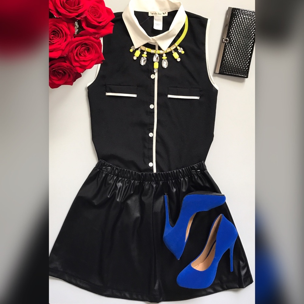 Pink Rose Faux Leather Black Skirt