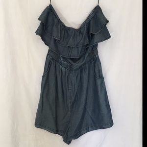Cold Shoulder Ruffled Ruffles Denim Romper