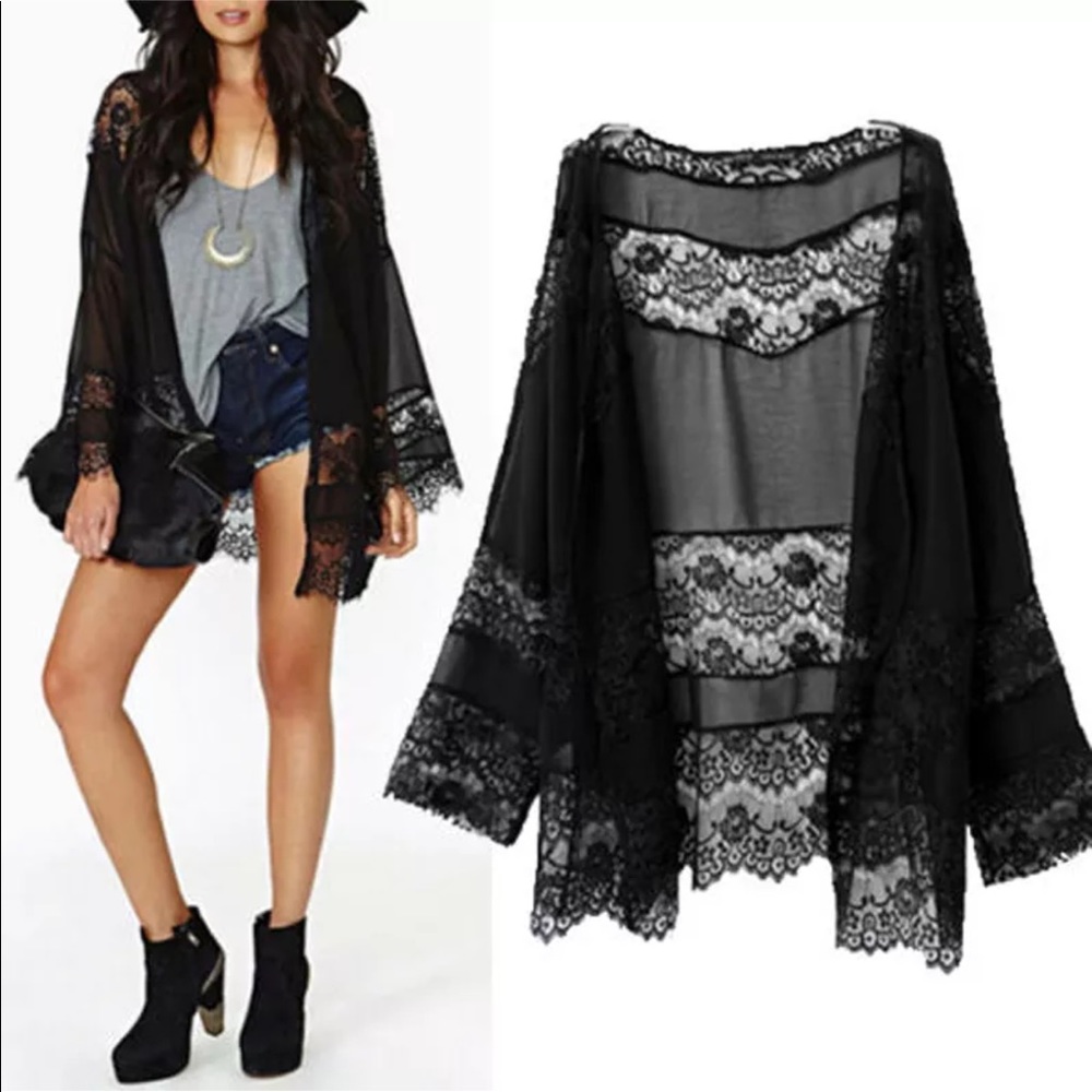 Black Lace Kimono Cardigan