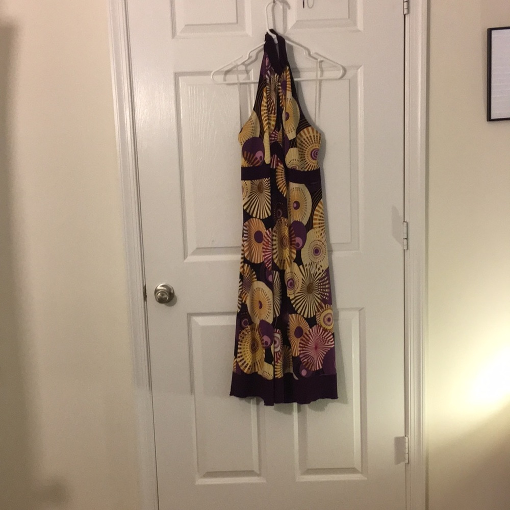 Purple print halter dress with keyhole front