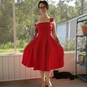 Tatyana Modcloth one shoulder swing dress cherry