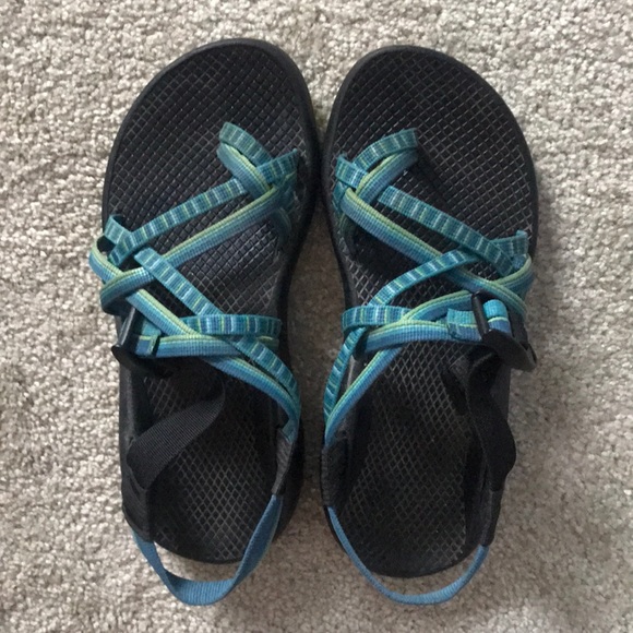 blue and green chacos