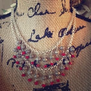 Double Chain Silver Plated Necklace with Red Beads