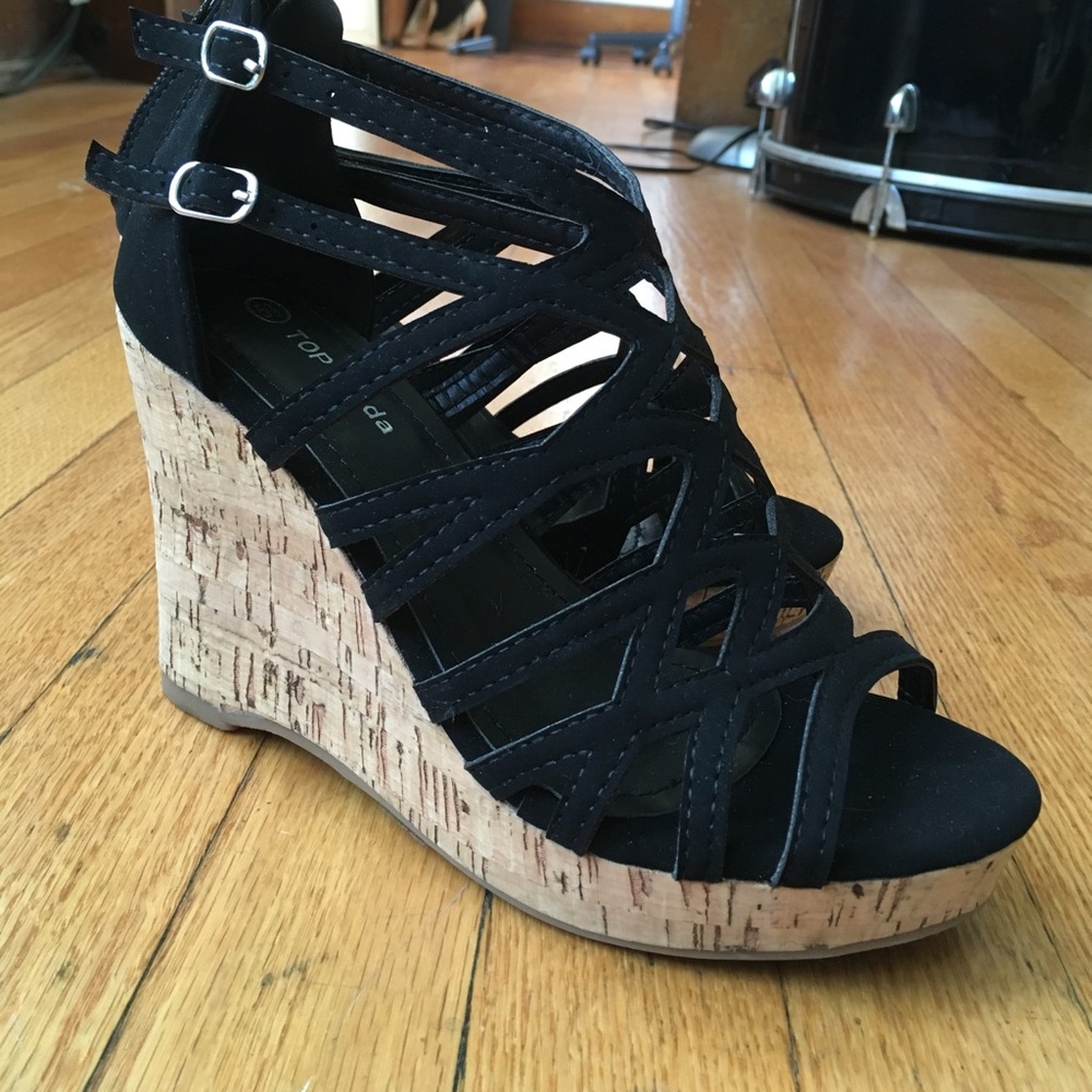 Black suede cork wedges