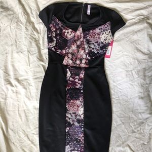 Black and Floral Printed Dress with Mesh Top - NWT