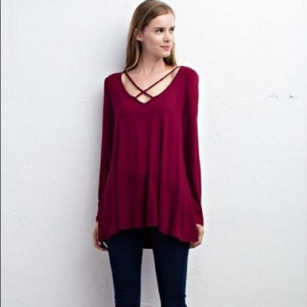 Long sleeve top criss cross neck