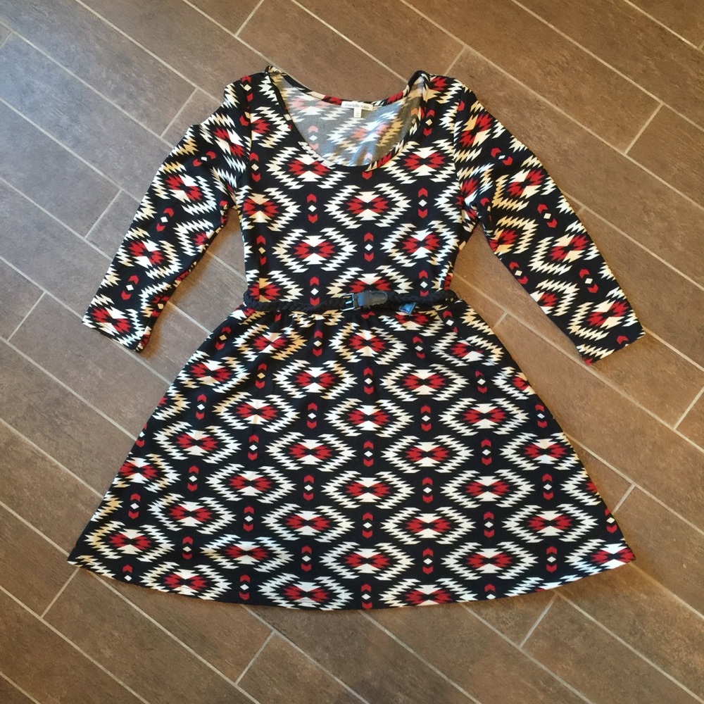 Red black and cream dress