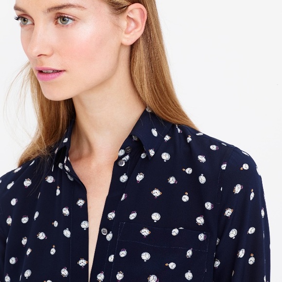 J. Crew Tops - J Crew Navy silk blouse is tick tock print Sz 4