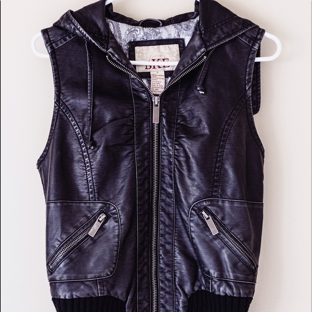 Black leather vest with hood