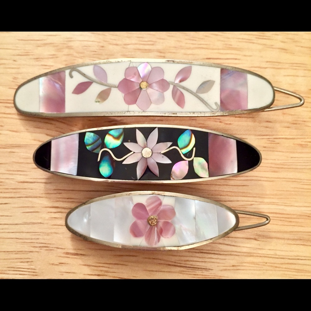 3 Mother Of Pearl & Abalone Hair Barrettes