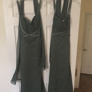 Matching sage bridesmaid dresses.