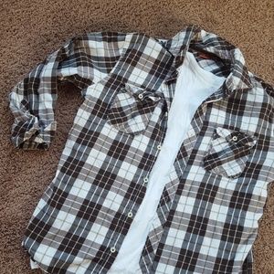 Mens brown and white plaid button down shirt.