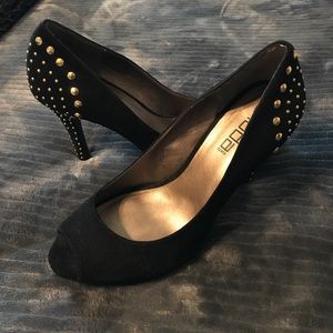 Moda Spana Suede and Gold Studded Peep Toe Pumps