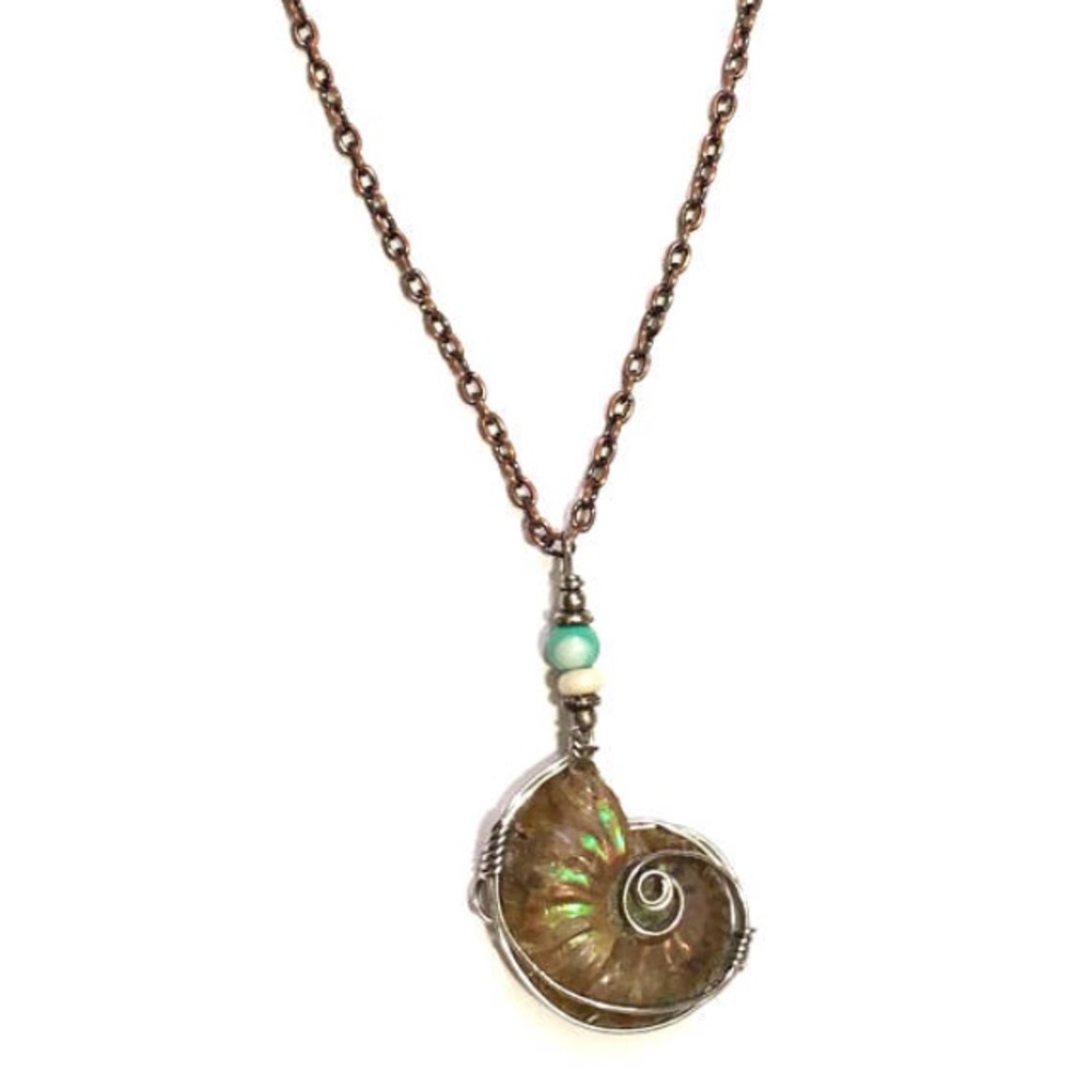 Ammonite & Turquoise Wire Wrapped Necklace Pendant