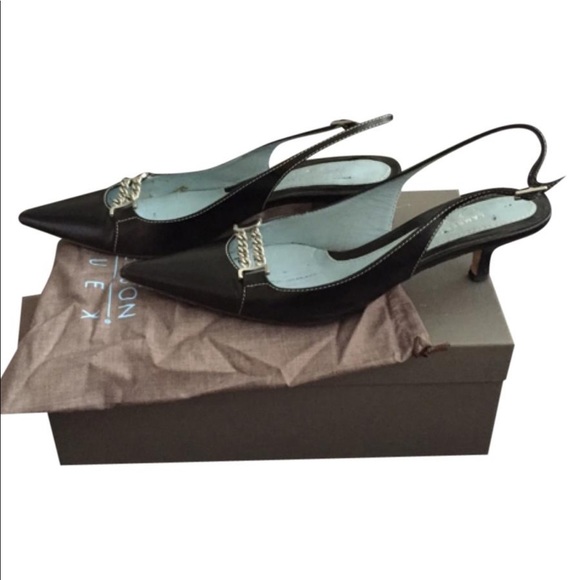 Black kitten heels with chain detail, Sz 36-1/2 - Picture 1 of 5
