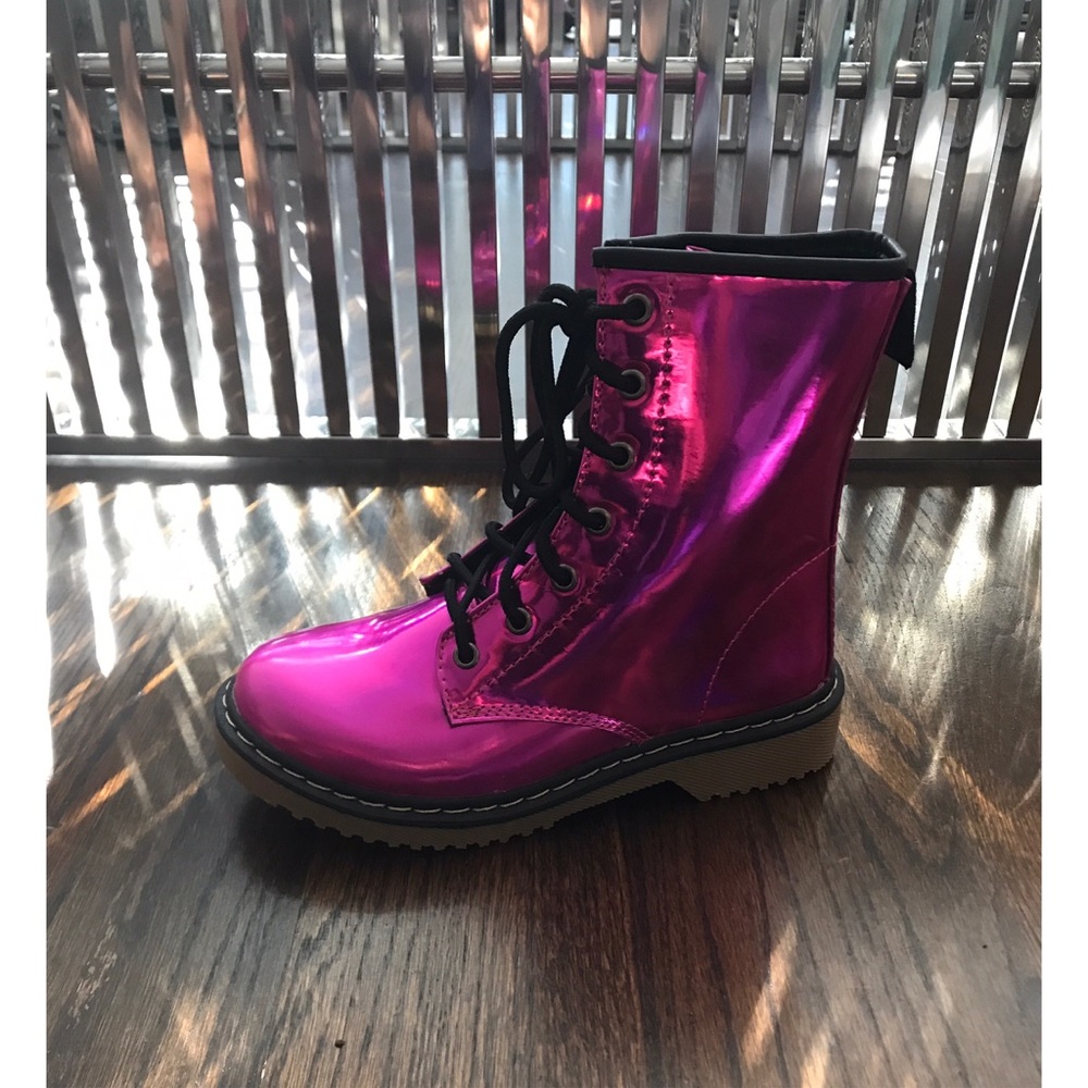 Mermaid pink iridescent color combat boots. - Picture 2 of 6