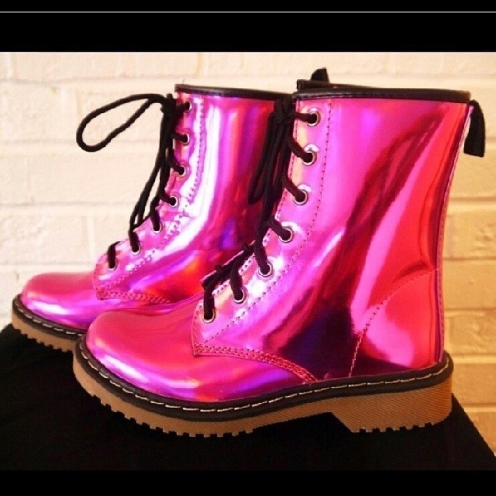 Mermaid pink iridescent color combat boots. - Picture 3 of 6