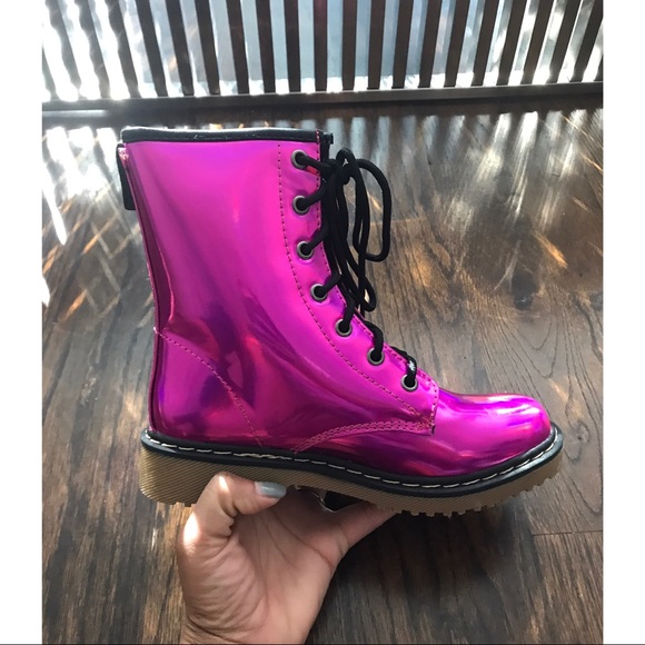 Yoki Shoes - Mermaid pink iridescent color combat boots.