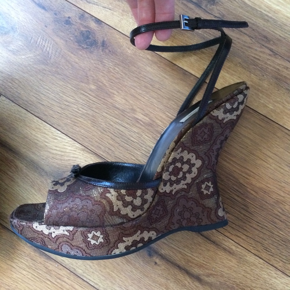 NWOT Prada wedges: brown & gold print - Picture 4 of 8