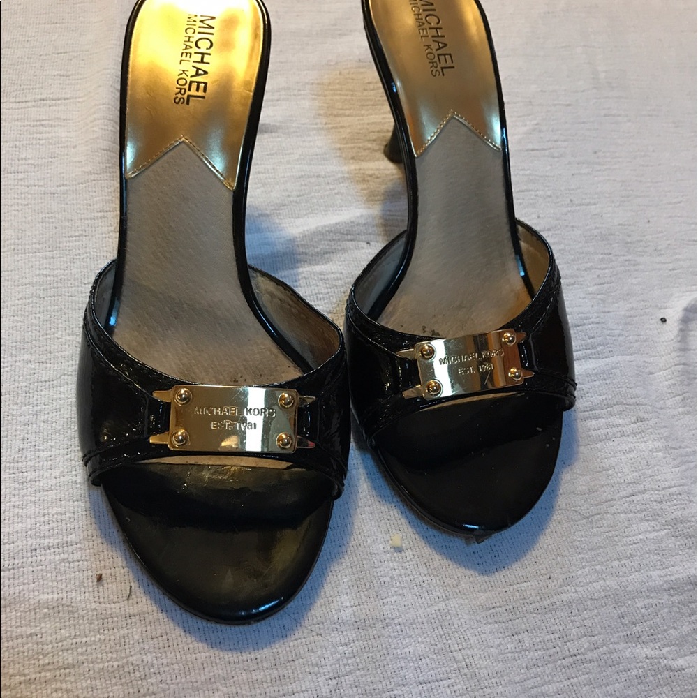 Michael Kors black and gold open toe heels