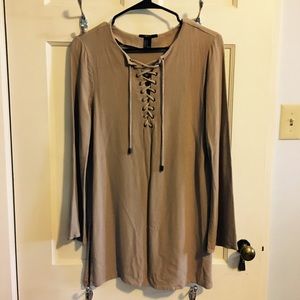 Forever 21 tan long sleeve lace up dress