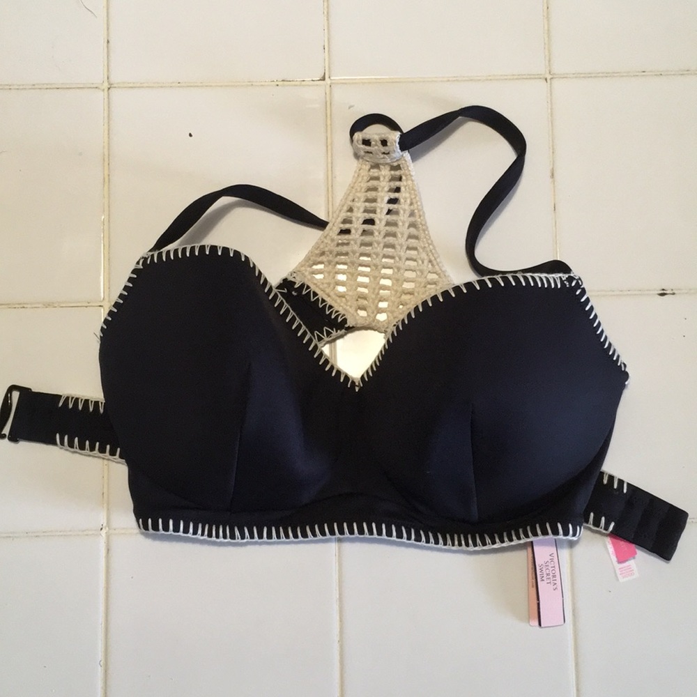 Black bikini top with contrast crochet details