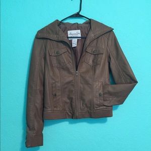 A dark brown leather jacket
