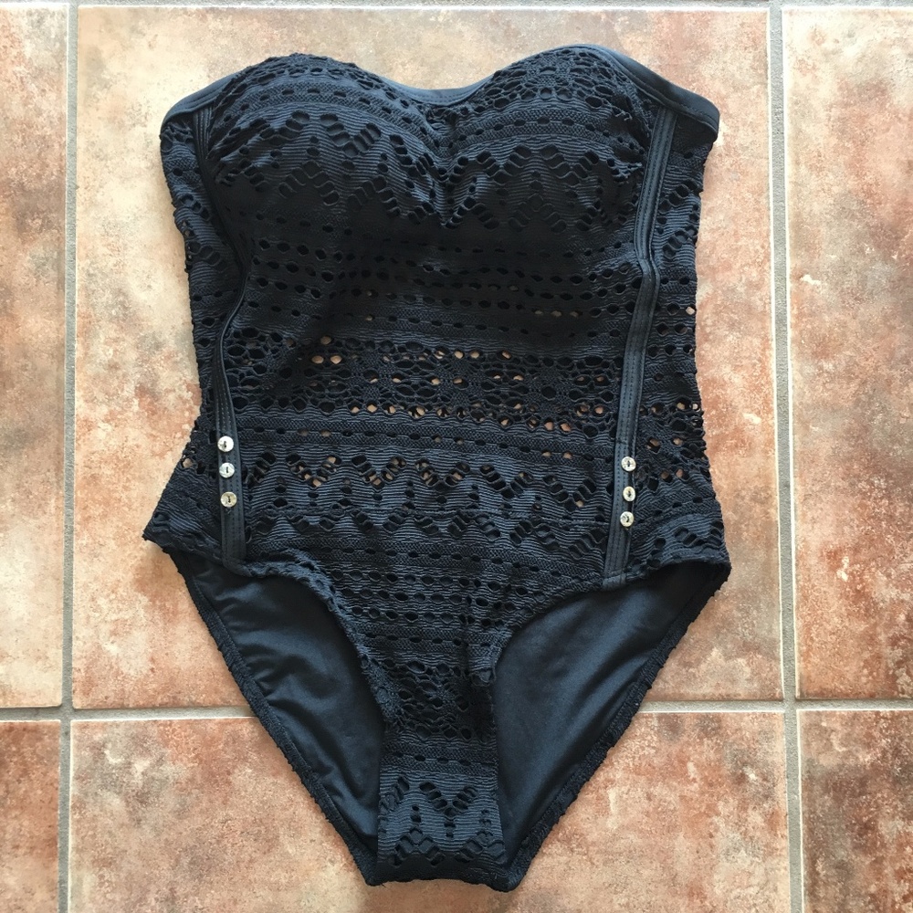 Strapless Black Lace/Button Swimsuit - Size Medium