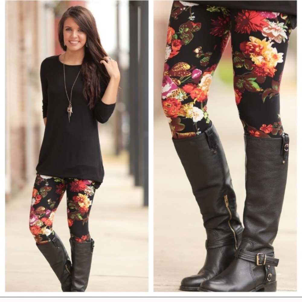2 pair Black Soft Floral Print Leggings