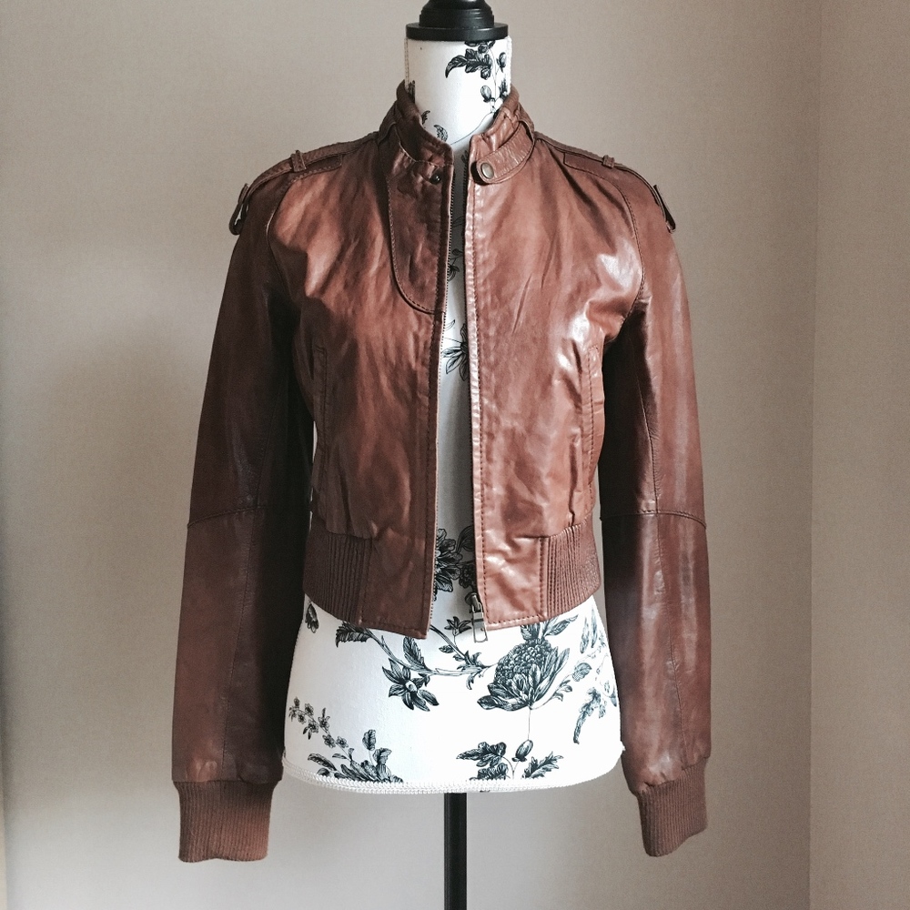 June Brown Leather Ladies Bomber Jacket Size Small