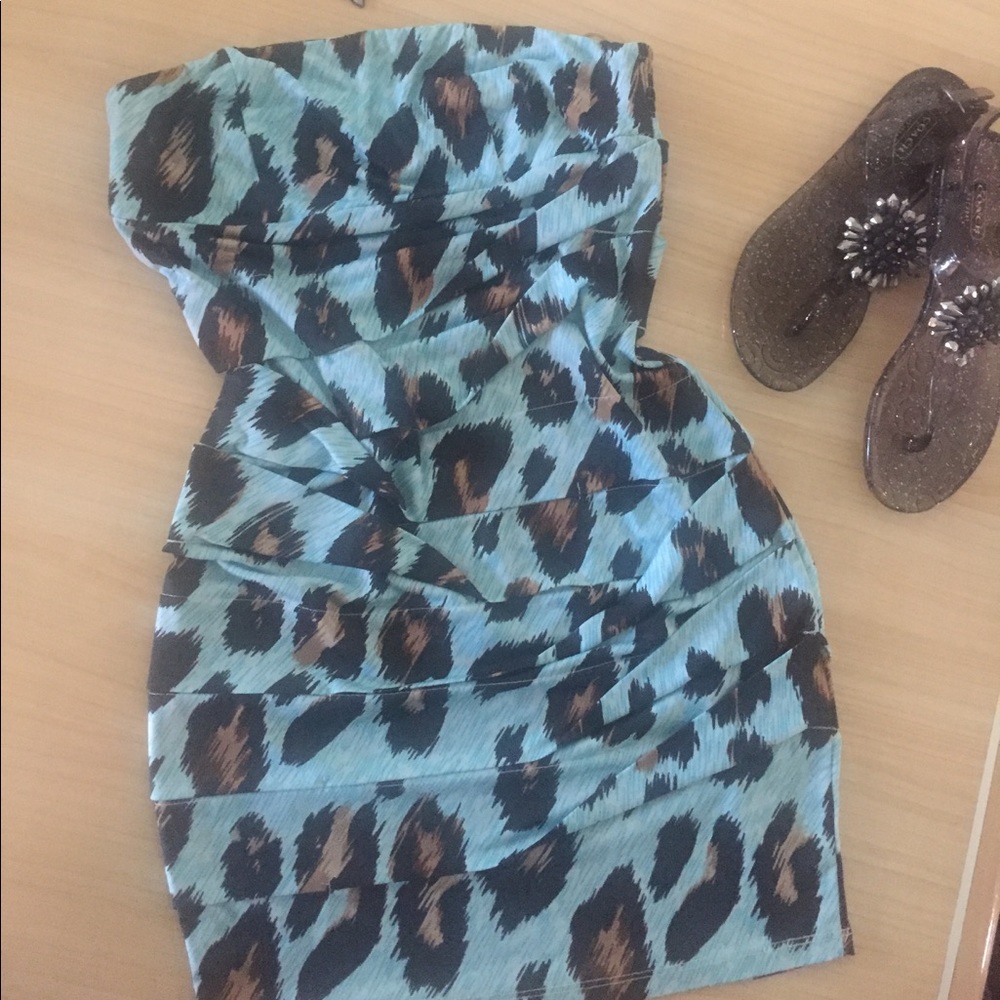 Leopard Print Turquoise Mini Dress - Picture 2 of 4