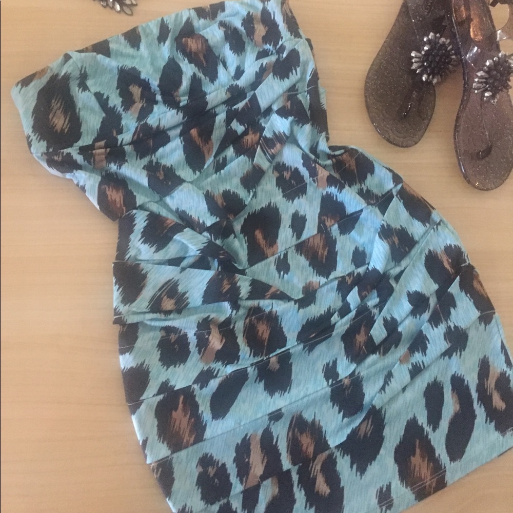 Leopard Print Turquoise Mini Dress - Picture 3 of 4