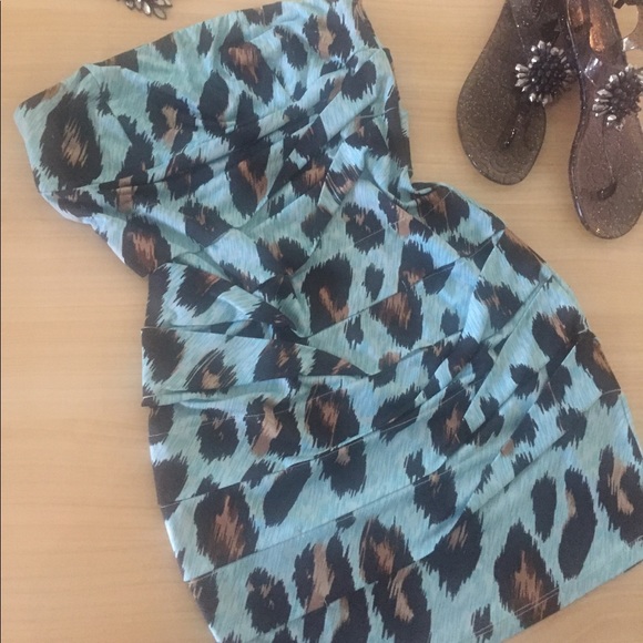 Leopard Print Turquoise Mini Dress - Picture 3 of 4