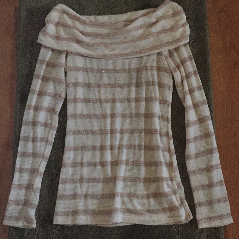 White and gold striped off shoulder sweater