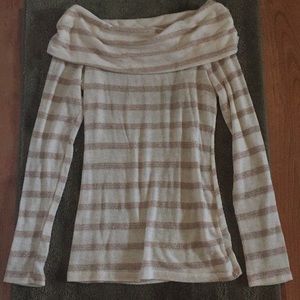 White and gold striped off shoulder sweater