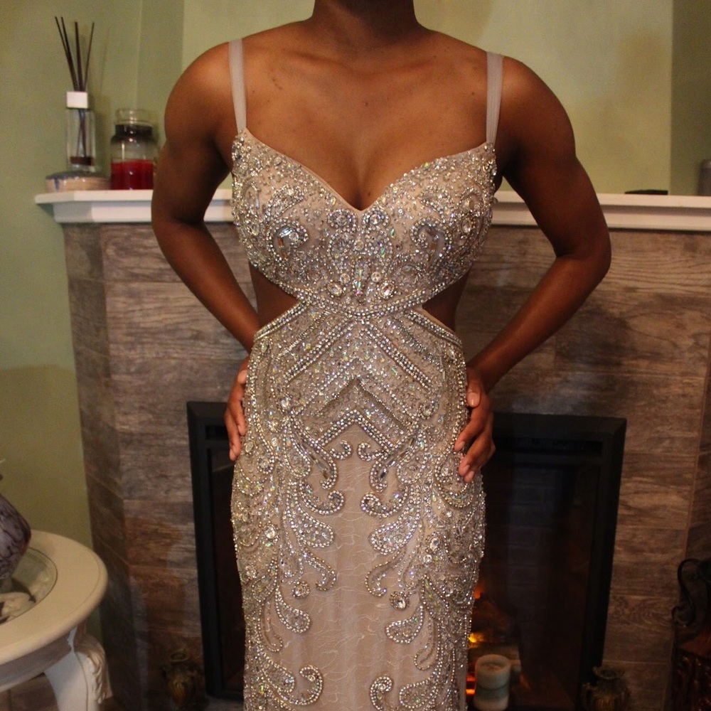 Sequined silver/beige prom dress