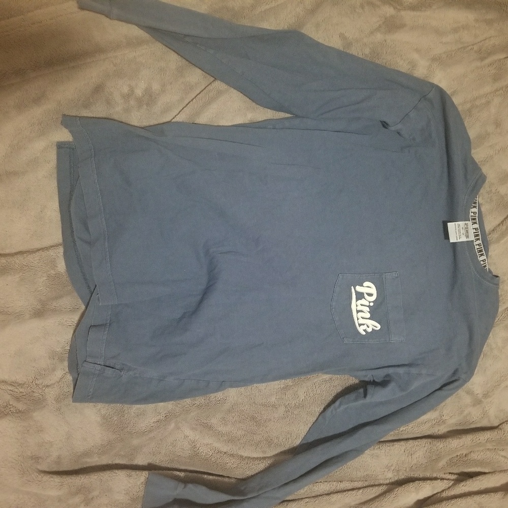 SOLD!!PINK denim blue long sleeve campus tee