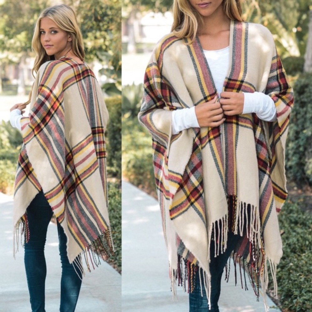 Plaid Wrap Poncho - Oatmeal