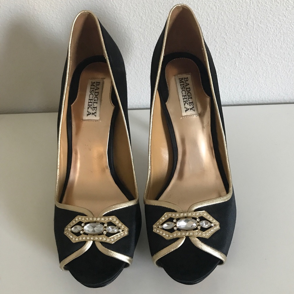 Badgley Mischka Black, Gold, Rhinestone Heels- Sz9