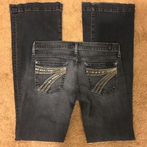 7 jeans dojo style, major flare bottom- 32” inseam