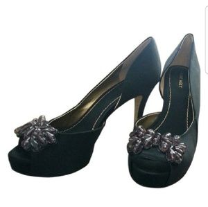 Black fabric gemmed heels