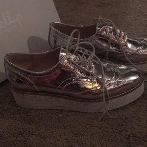 Metallic silver mirror platform oxfords