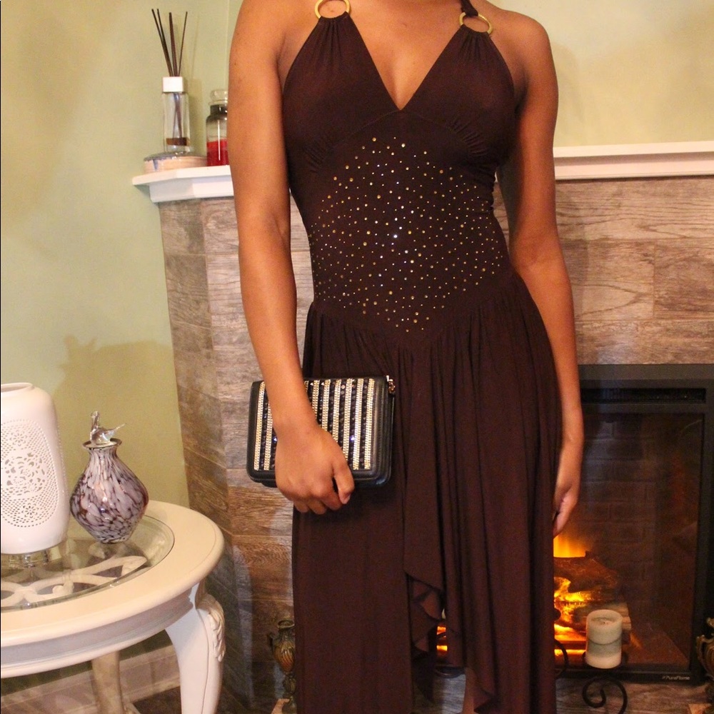 Brown sequined halter back dress