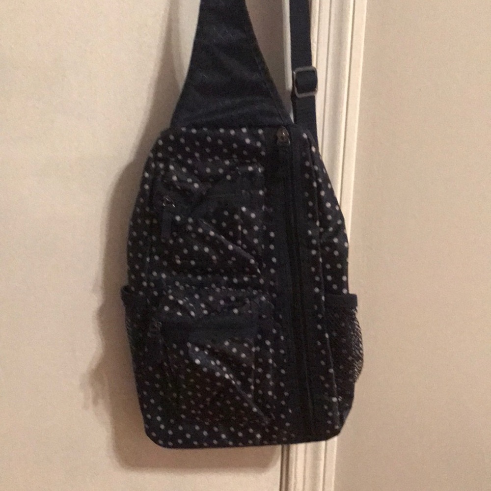 Baby blue white polkadot thirty one bag