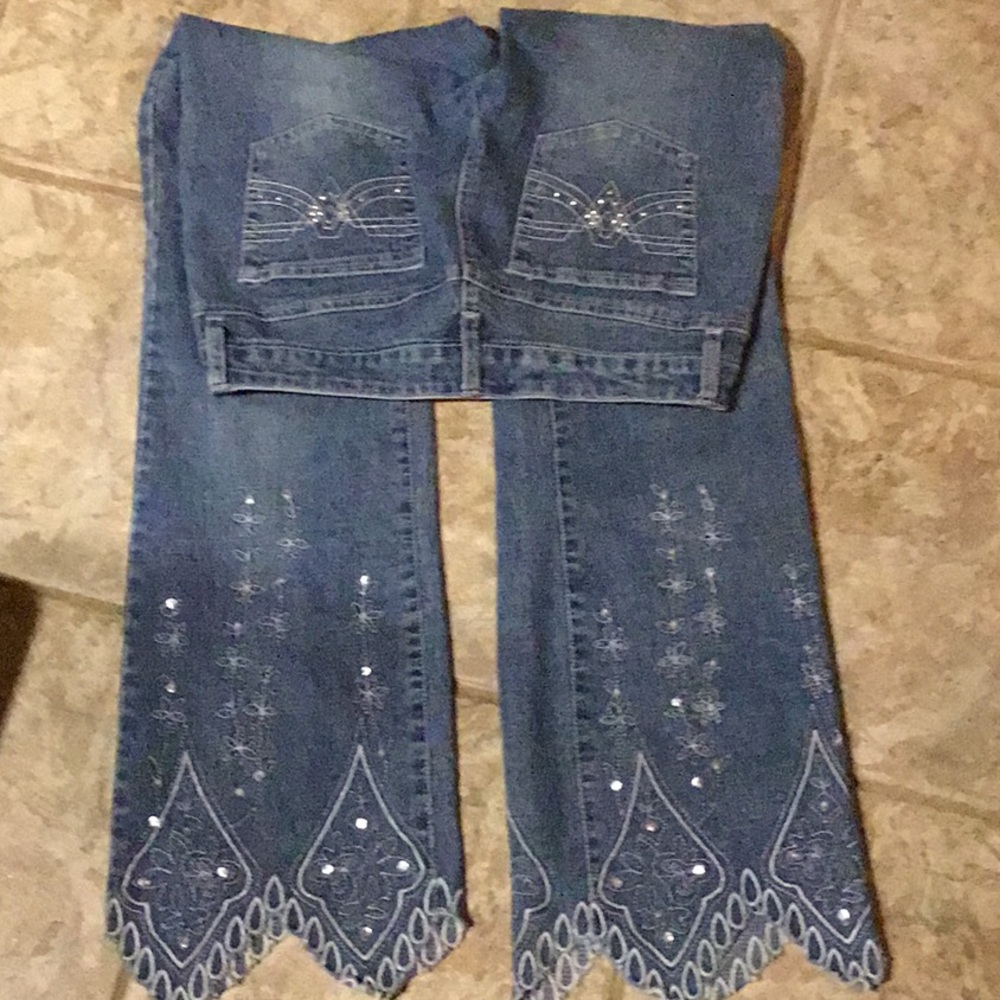 Hippie BoHo embroidered stretch denim jeans  9 10 - Picture 3 of 6