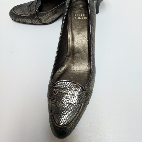 Stuart Weitzman Shoes - Stuart Weitzman Women's 10M Loafer Pewter Metallic Animal Print Kitten Pumps 3"